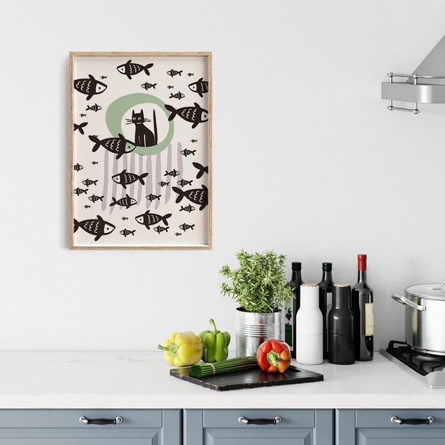 黒ねこのポスター　 / i1501 /  ハロウィンの黒猫と魚やねずみ、小鳥　インテリアポスター