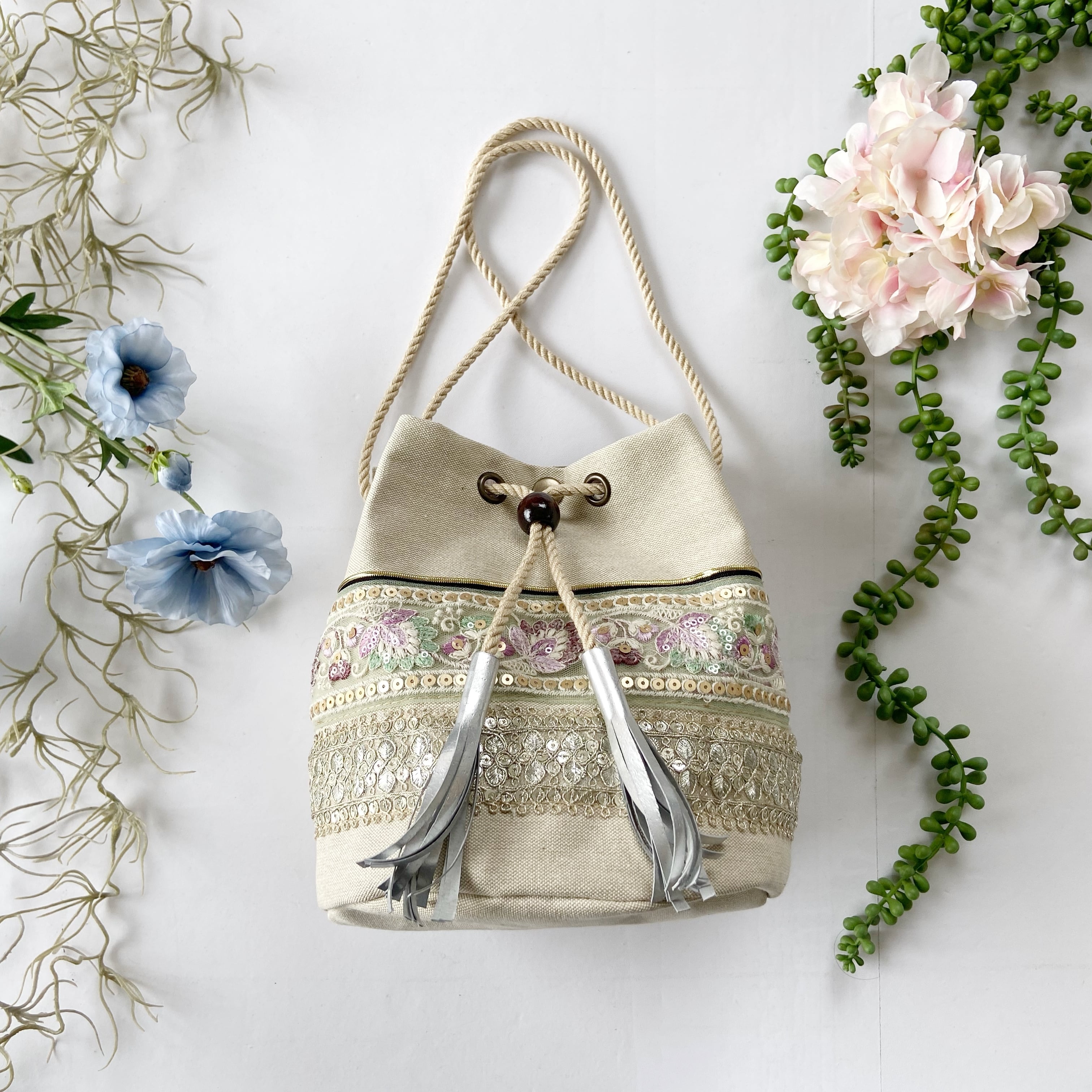 インド刺繍リボン巾着＊てさげ＊斜めがけ＊2WAY斜めがけ＊軽量＊ミント