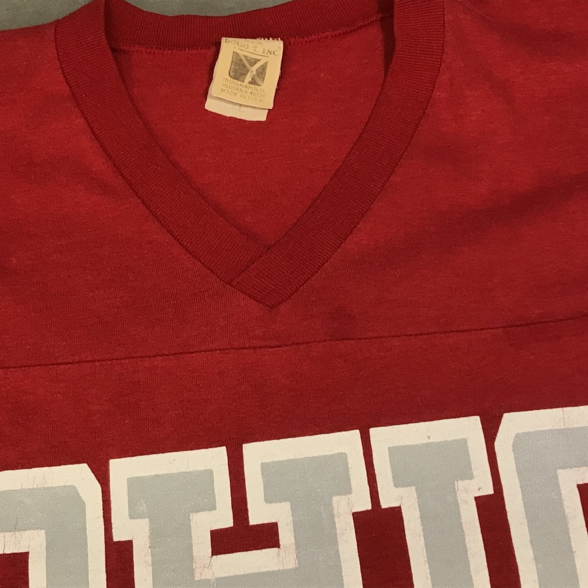 LOGO7 70年代 USA製 OHIO STATE カレッジプリント Vネック フットボールTシャツ , メンズL〜ヴィンテージ レッド