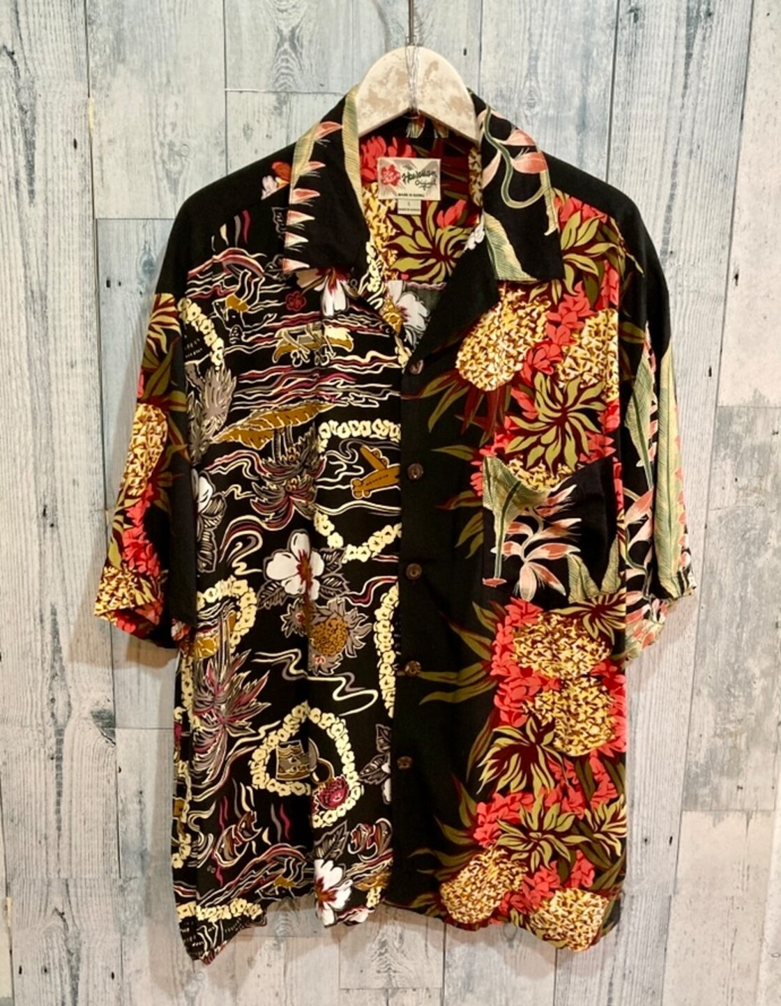 ハワイ製Hawaiian original クレイジーパターン アロハシャツ マルチ 