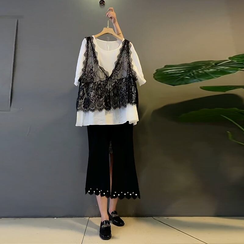 サマードレス スタイルレーストップス パンツ 大きめサイズ 夏物 ミックスインファッション59705285368