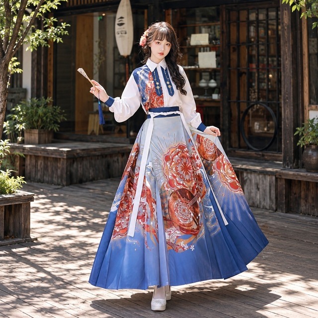 蒼華の琵琶幻想 朱赤花紋と白いロングリボンの中華ロリータ膝丈スカート