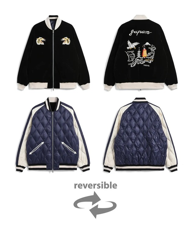 TAION (ﾀｲｵﾝ) - JPNSP REVERSIBLE SKAJAN DOWN JACKET (ｼﾞｬﾊﾟﾝｽﾍﾟｼｬﾙ ﾘﾊﾞｰｼﾌﾞﾙｽｶｼﾞｬﾝﾀﾞｳﾝｼﾞｬｹｯﾄ) ﾕﾆｾｯｸｽ ﾌﾞﾗｯｸ×ﾈｲﾋﾞｰ