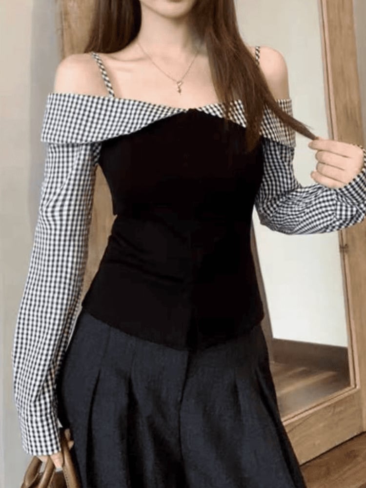 ほどよい肌見せで大人可愛い♡ ギンガムチェック切り替えオフショルダートップス 長袖 フェミニン ガーリー きれいめ カジュアル デコルテ見せ 細見え 着痩せ 体型カバー 大きいサイズ 韓国 CH11576