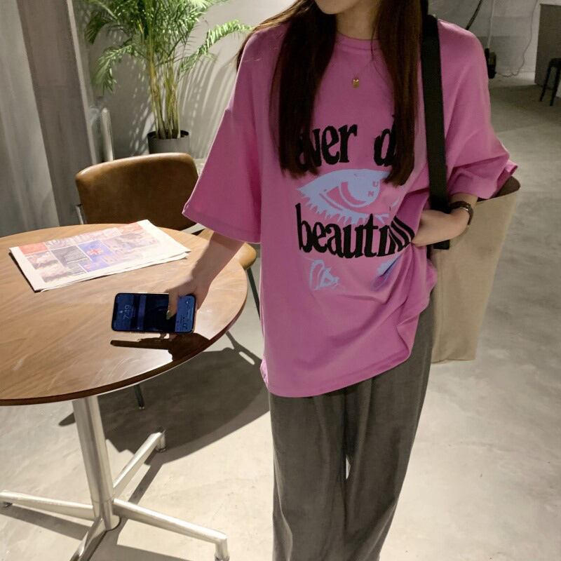 Tシャツ シャツ レディースルーズスプリングラウンドネックトップス 春物 Oネック ブラックストロベリース62619287604