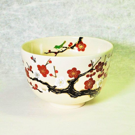 抹茶碗 色絵 紅白梅にうぐいす | 京焼窯元 橋本城岳