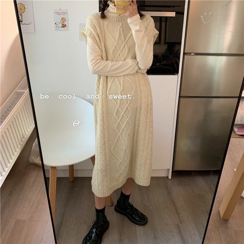 ニットドレス オータムウィンタースタンダードルーズノースリーブスカート スプリングセーター レトロ 春物 秋物 冬物 YY-ファッション94343105093