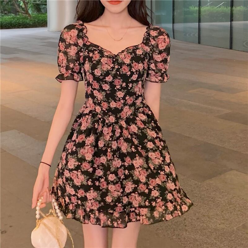 スタンダードシフォンフローラルドレス 薄手サマーウェストAラインスカート カラー半袖スリーブ ショート レトロ ハーフスリーブ 夏物 花柄 スクウェア 萌量不足87268656412