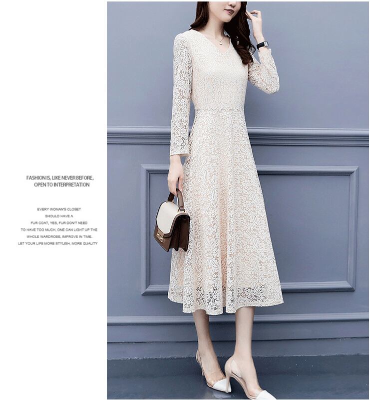 ロング丈ワンピース ロングドレス カジュアルワンピース レースワンピース レディースファション 着痩せ 二次会 女子会 パーティー ラウンドネック 長袖 ロング丈 大きいサイズ M L Ll 3l 4l 5l 6l アプリコット Dresszone