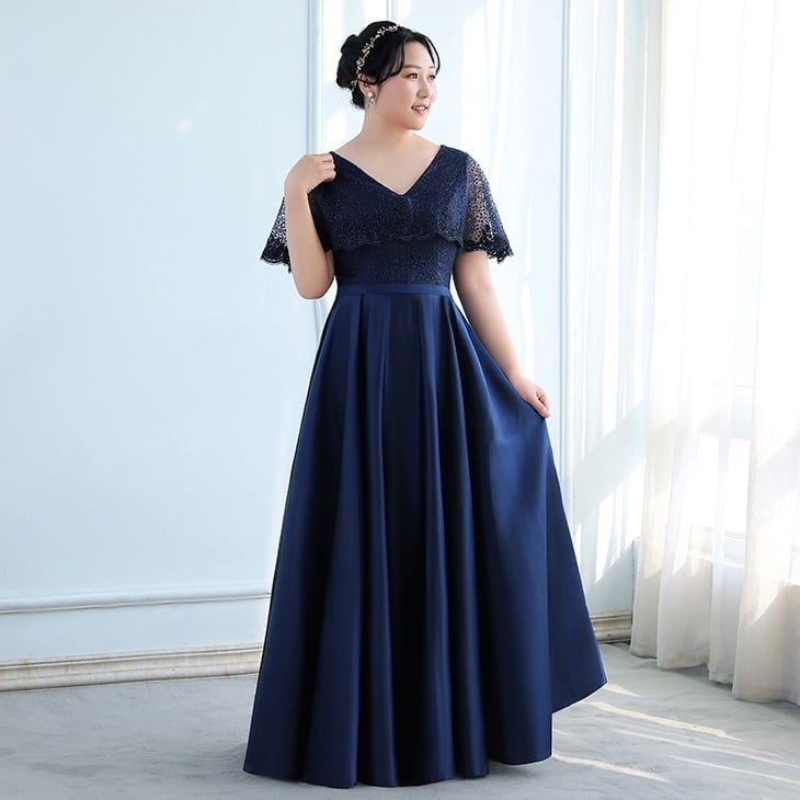 ロングドレス 結婚式 パーティードレス ぽっちゃり 袖あり 大きいサイズ マキシ丈 お呼ばれ 4XL 3XL 2XL XL 海外 フォーマル  体型カバー 激安 Ｖネック レース ケープ風チュール 半袖 フレア Ａライン エレガント 二次会 発表会 お呼ばれ | Me too powered  by