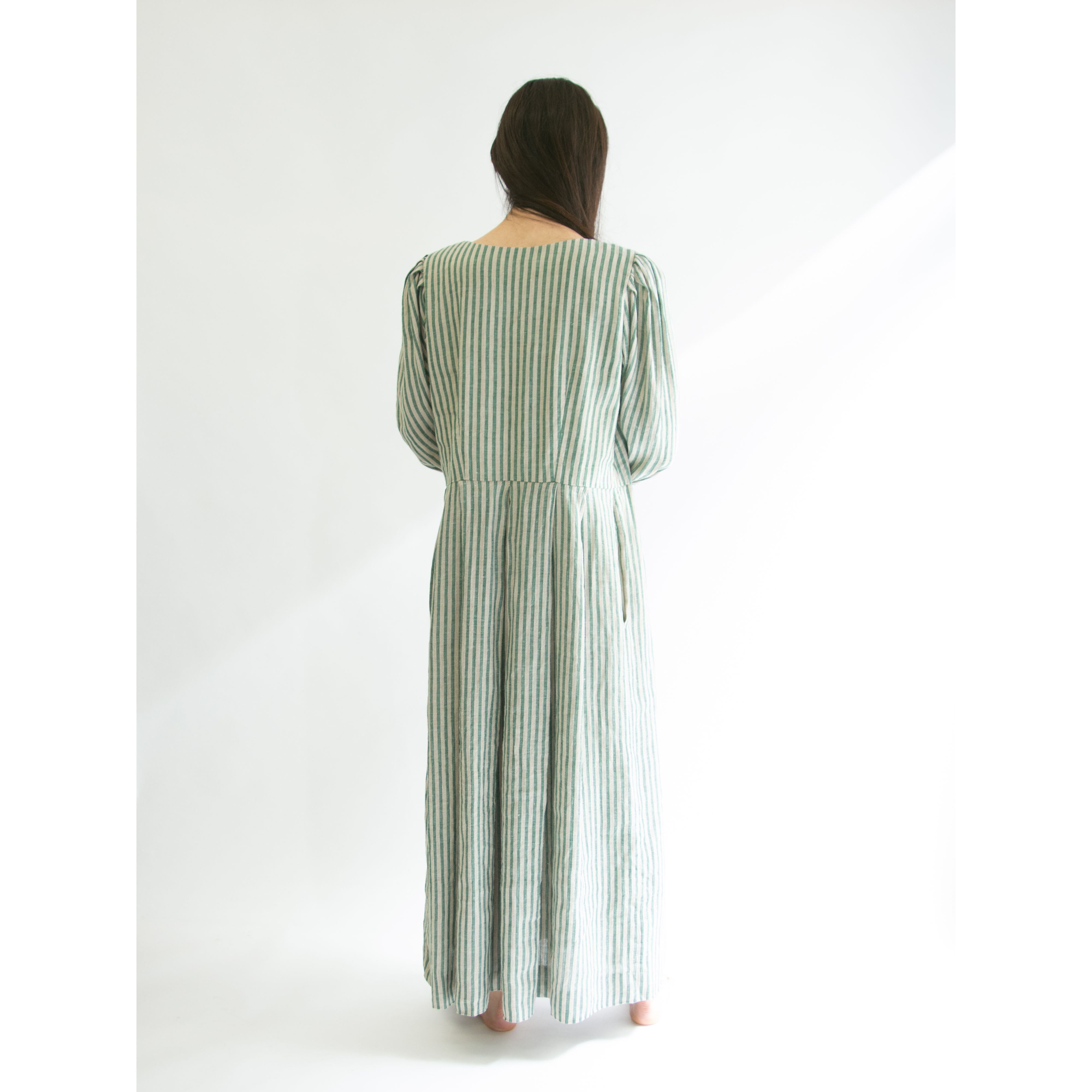 【Mothwurf】Austrian Couture Linen Dress（オーストリアン クチュールドレス ストライプリネン ワンピース）