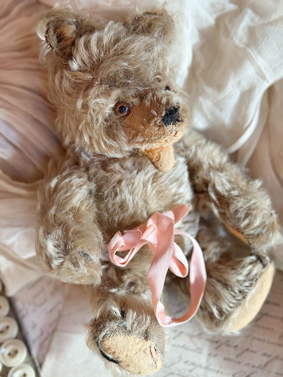 ピンクリボンのオープンマウスベア くま ぬいぐるみ | Brocante de La