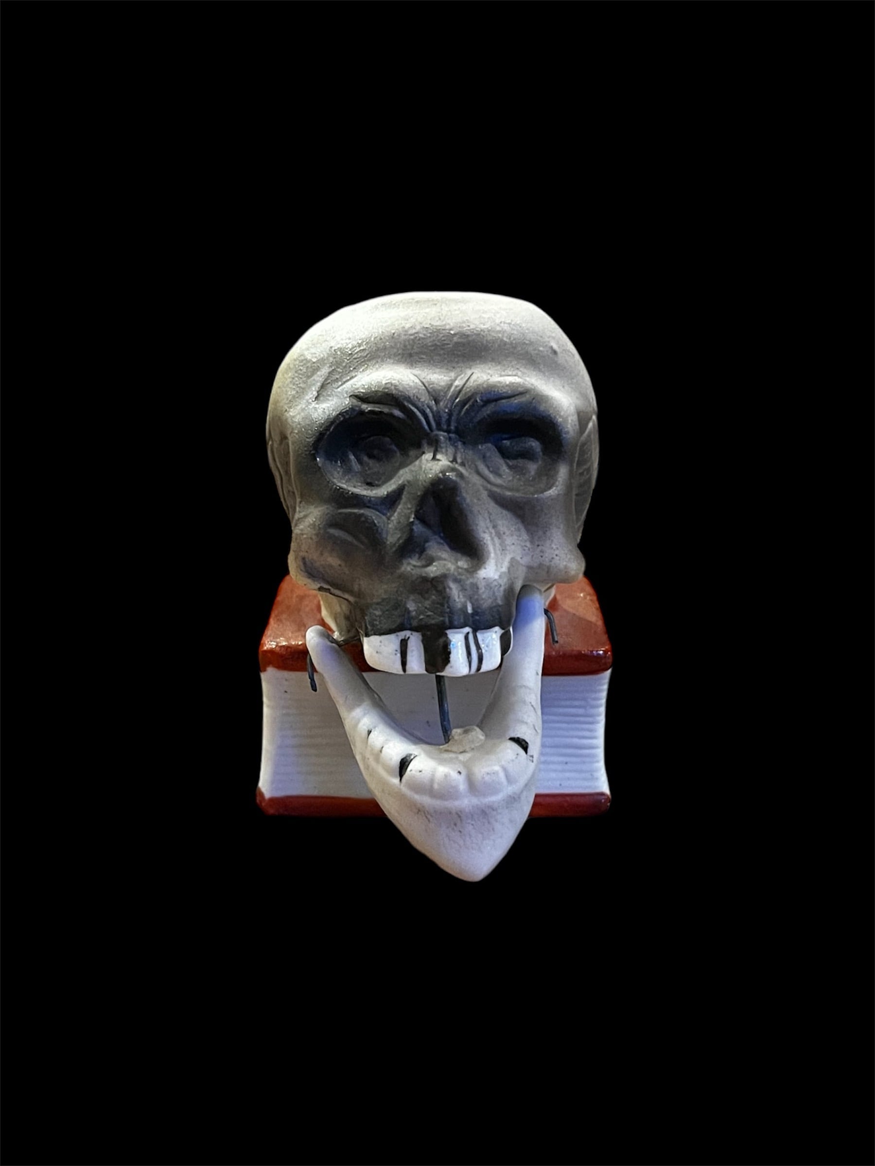 50s Skull on Book Jaw Nodder Match Holder Made in Japan Souvenir