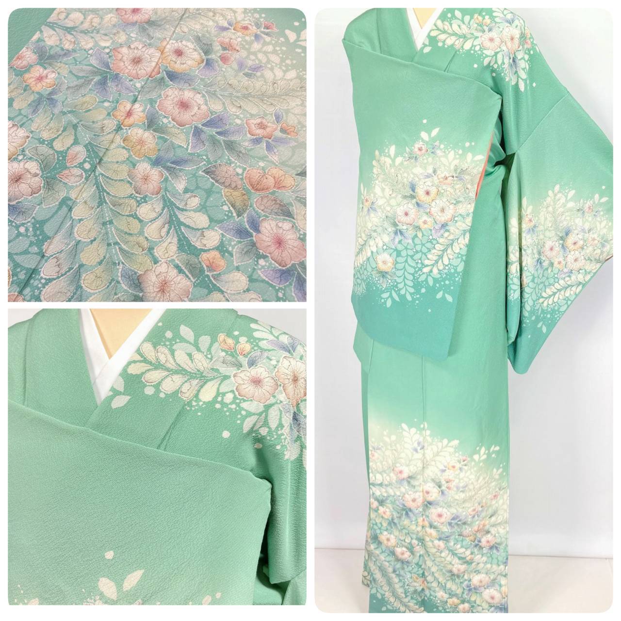 辻が花絞り 訪問着 正絹 黄緑 パステル ミントグリーン 956 | kimono Re:和 [online store] キモノリワ 着物 帯