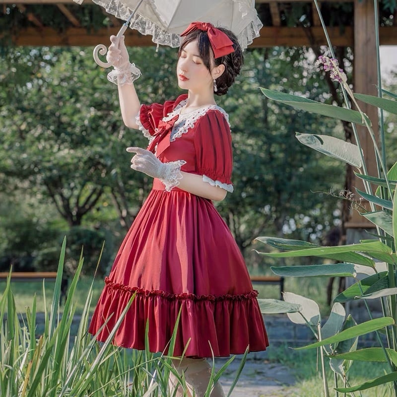 赤 ドレス ガーリー ロリータ ワンピース リボン 襟 衣装 姫 レッド