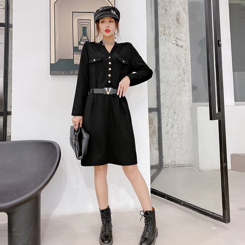 2020年秋新ビッグサイズファットシスターウエストスリミングドレス女性デザインセンスウエスタンファッションブラックスカート ミックスインファッション28567852689