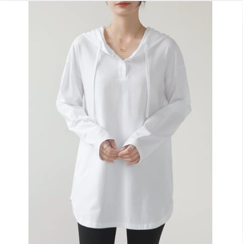 フード付き ボタンフロント 長袖 Tシャツ 1 00251