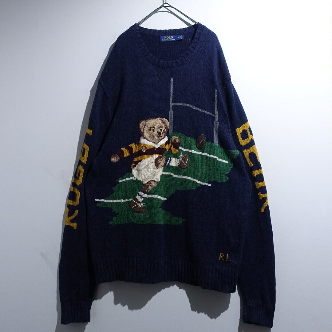 "POLO RALPH LAUREN" Navy Polo Bear Rugby Design Cotton Knit