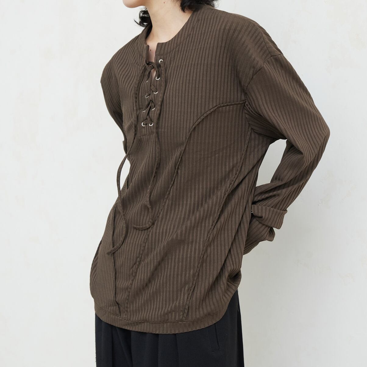 シンプルレースアップシャツ 長袖 10064