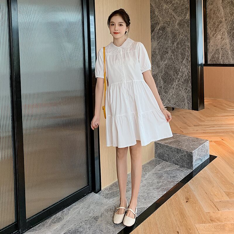 【新作】【送料無料】 マタニティウェア2020夏の新しい綿とリネンの人形の襟のパフスリーブドレス、年齢を減らすミドル丈のマタニティドレス-アリババ コットン サマー 夏物 expec221671347125