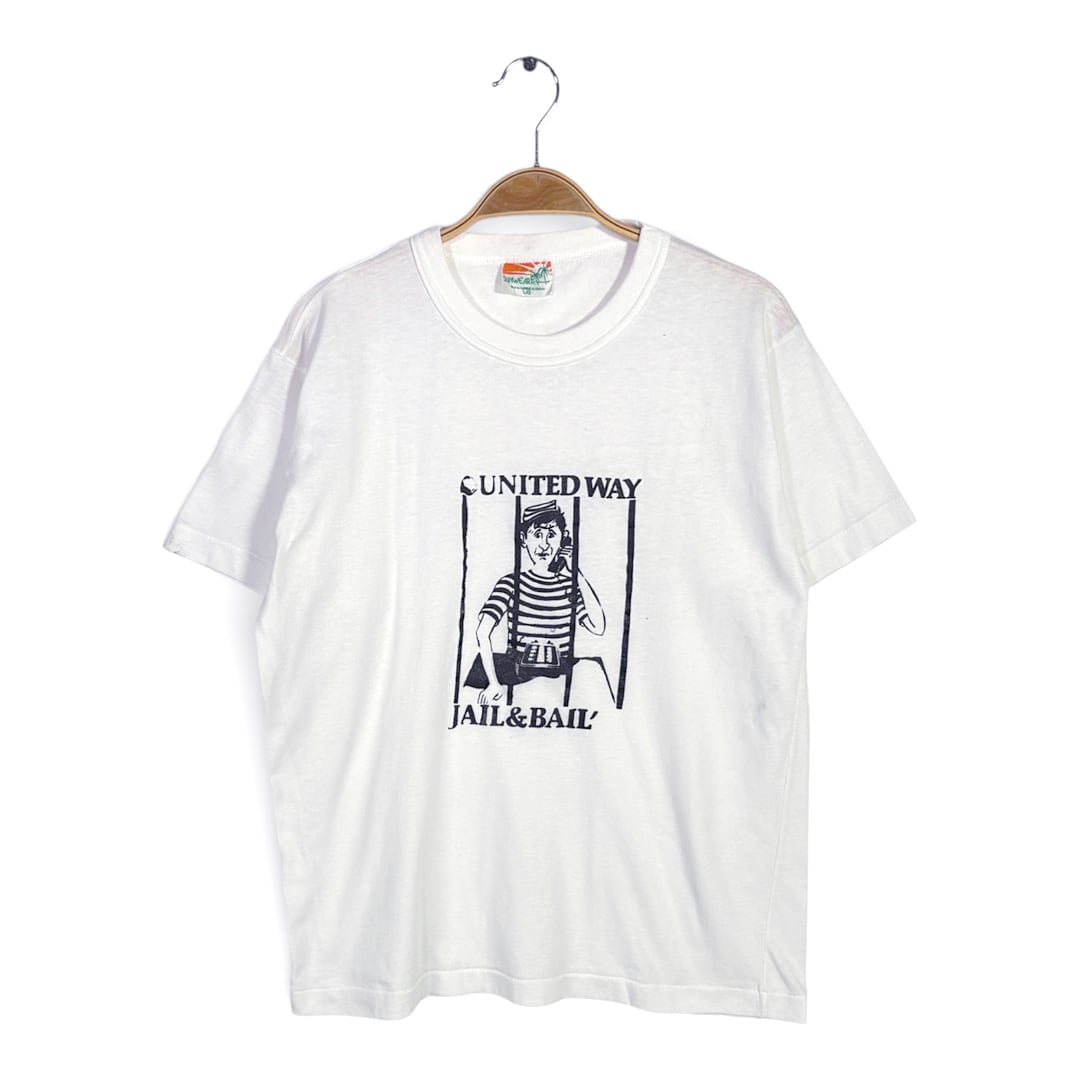 80s 牢獄 刑務所 カナダ製 ヴィンテージ Tシャツ UNITED WAY JAIL&BAIL ホワイト シングルステッチ サイズM相当 古着 BZ0518