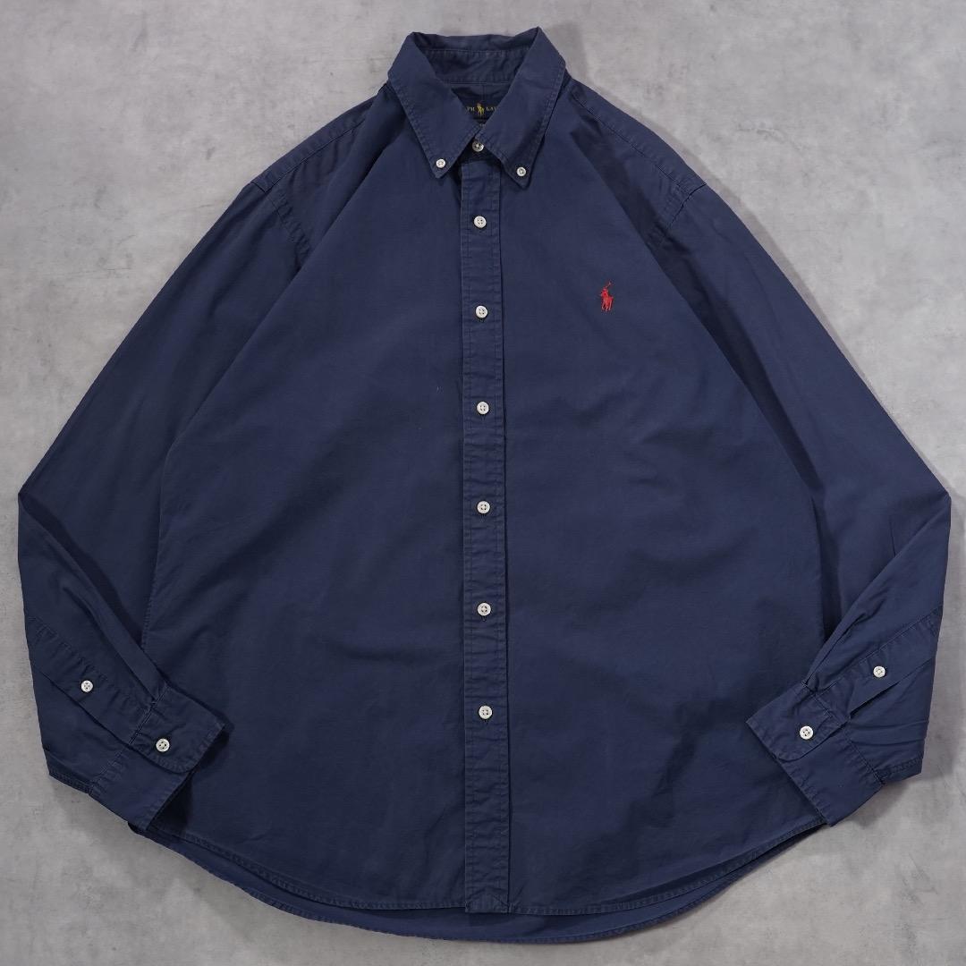 ラルフローレン 無地シャツ 古着 ポニー 刺繍 BD L 紺 赤 19279
