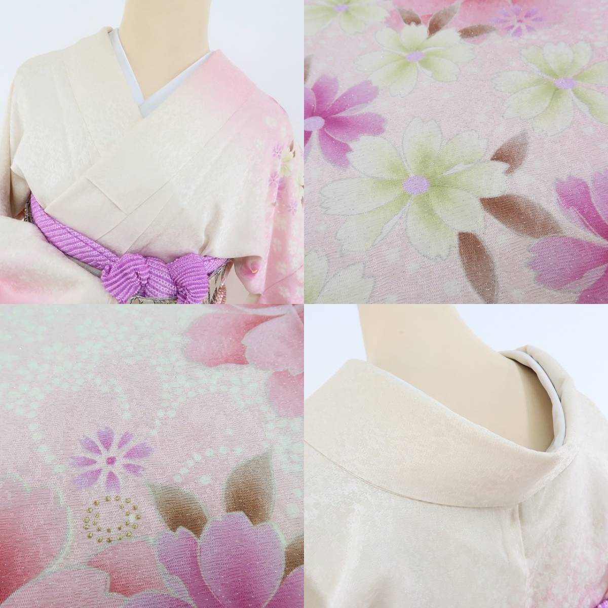 美品 金駒刺繍 着物 成人式“松竹梅や桜、橘や宝尽くし”振袖 2577 - 水着