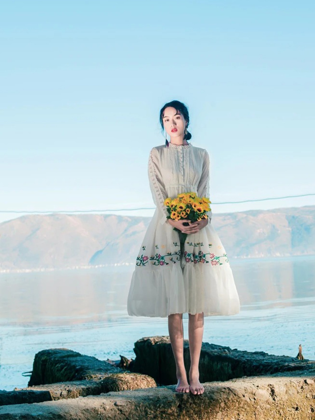 【0161】Flower Embroidery A-line Long Sleeve Dress