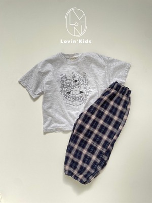 【Lovin'】サマーチェックナチュラルパンツ 90〜140cm ネイビー 240523