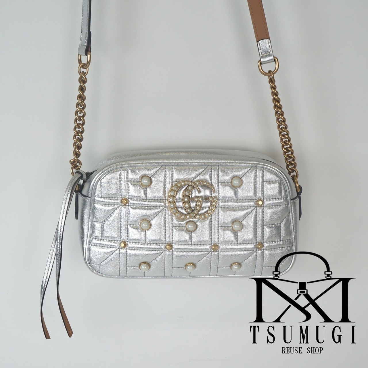 GUCCI グッチ GGマーモント レザー チェーンショルダーバッグ フェイクパール スタッズ シルバー 447632