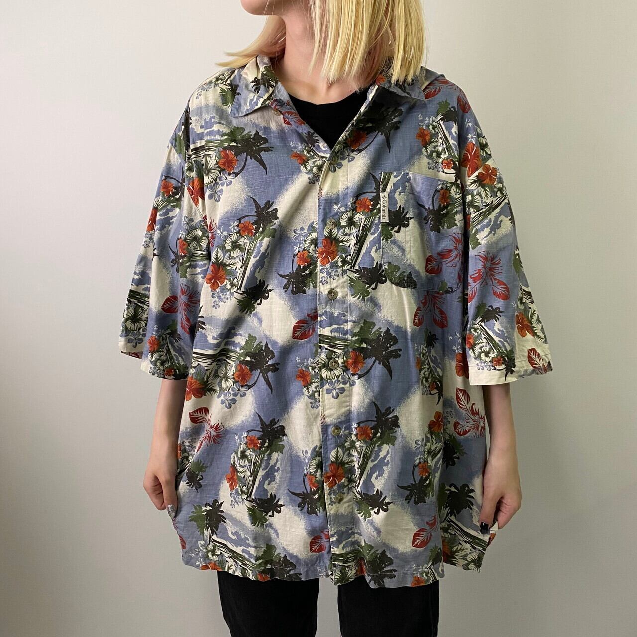 00年代 Columbia コロンビア 半袖 コットン 花柄 アロハシャツ メンズl 古着 00s ヴィンテージ ブルー 青 半袖シャツ Cave 古着屋 公式 古着通販サイト