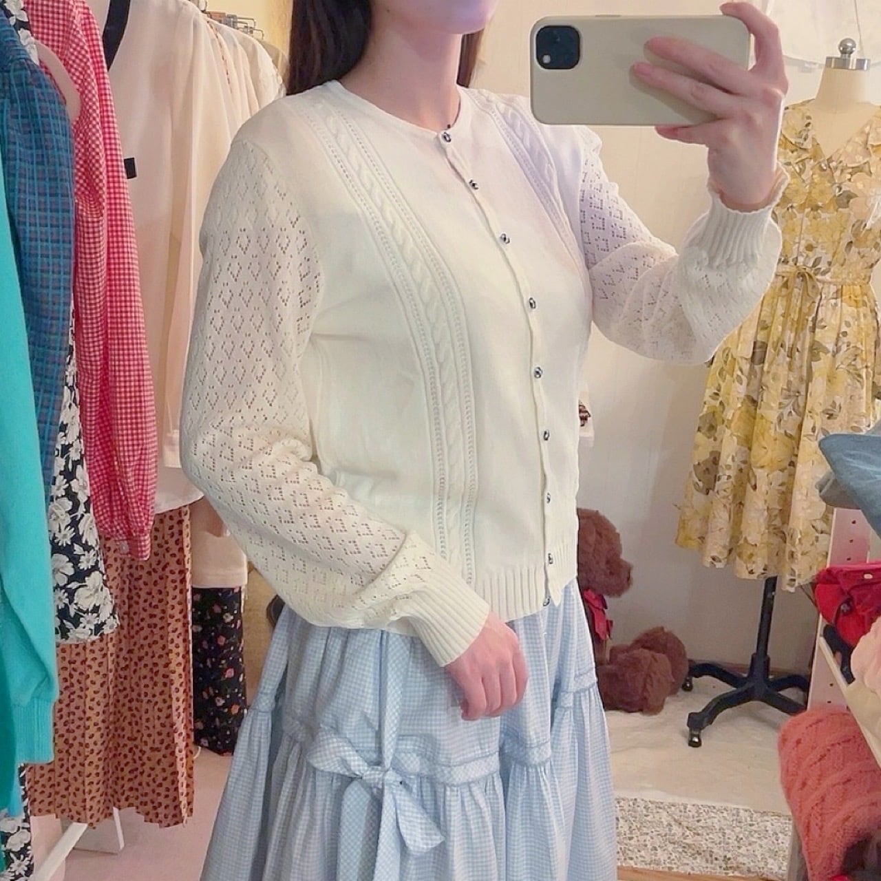 blue gingham check button cardigan