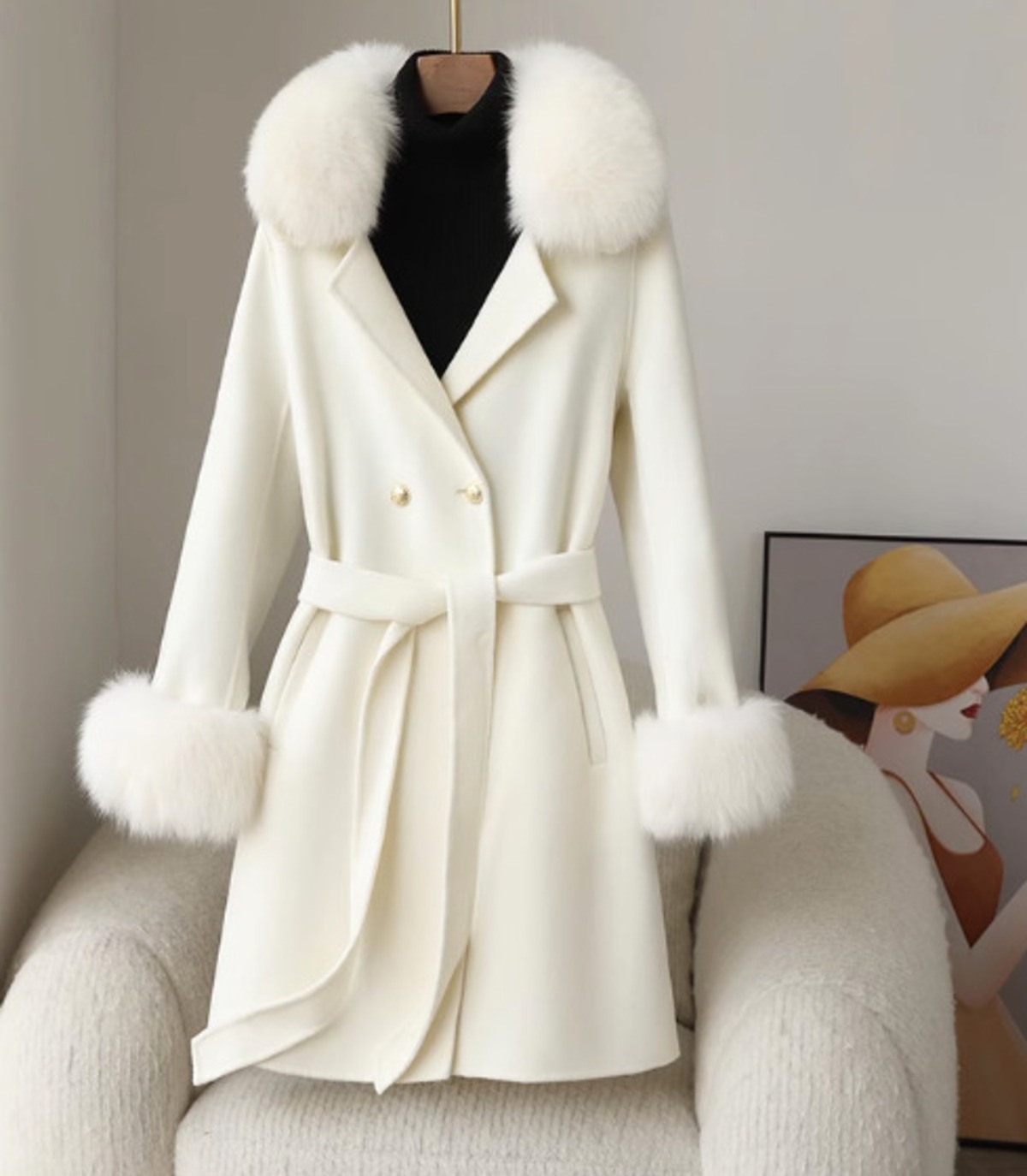 AKI Cashmere カシミヤ100% 毛皮付きコート ちらばっ