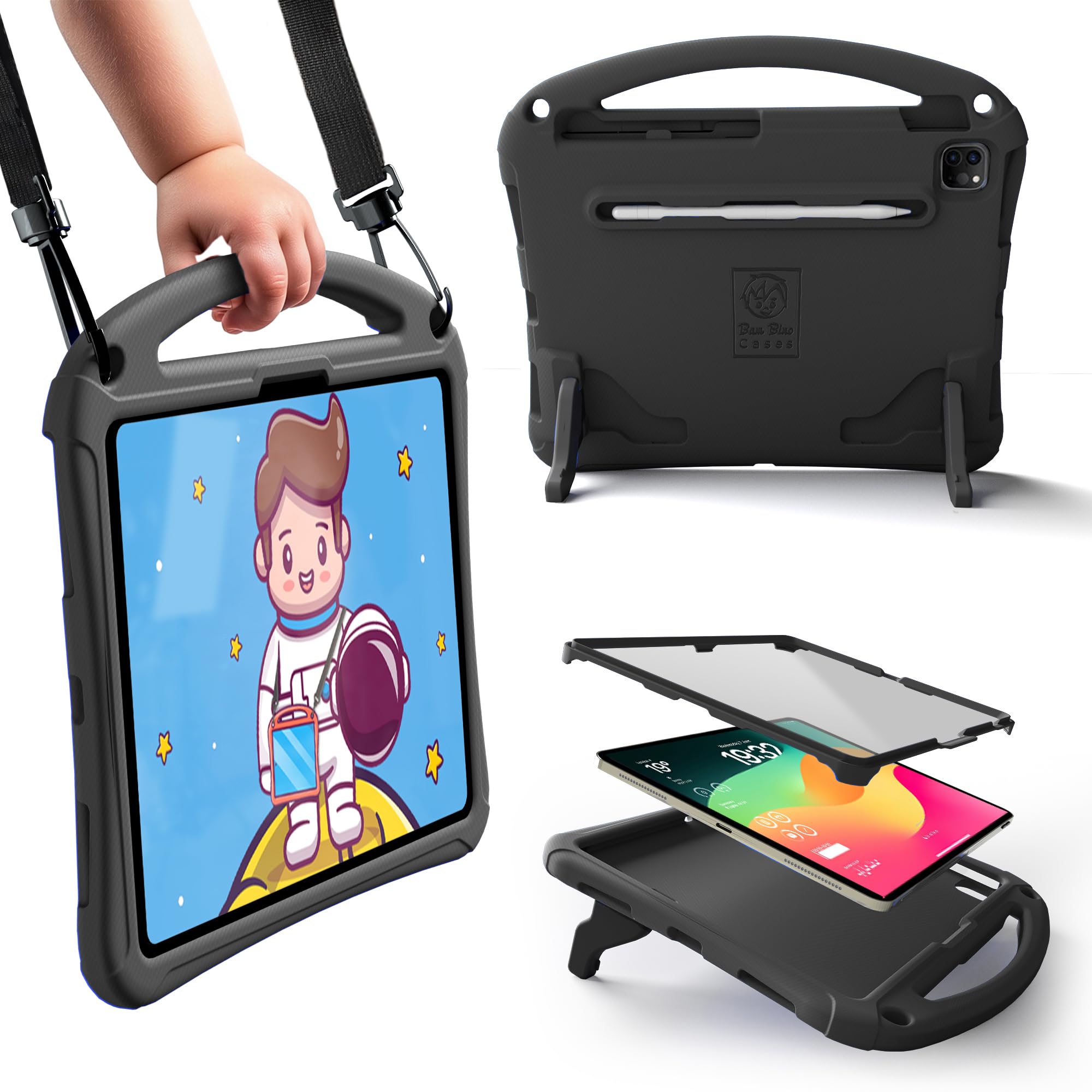 Bam Bino スペーススーツ 子供用 iPadケース iPad Air 11インチ(M2/M3/M4)/ iPad Pro 11(M4/M5)/ iPad 第11世代(A16)/ 第10世代対応 耐衝撃 カバー 保護フィルム付き ハンドル&ショルダーストラップ(コズミックブラック)