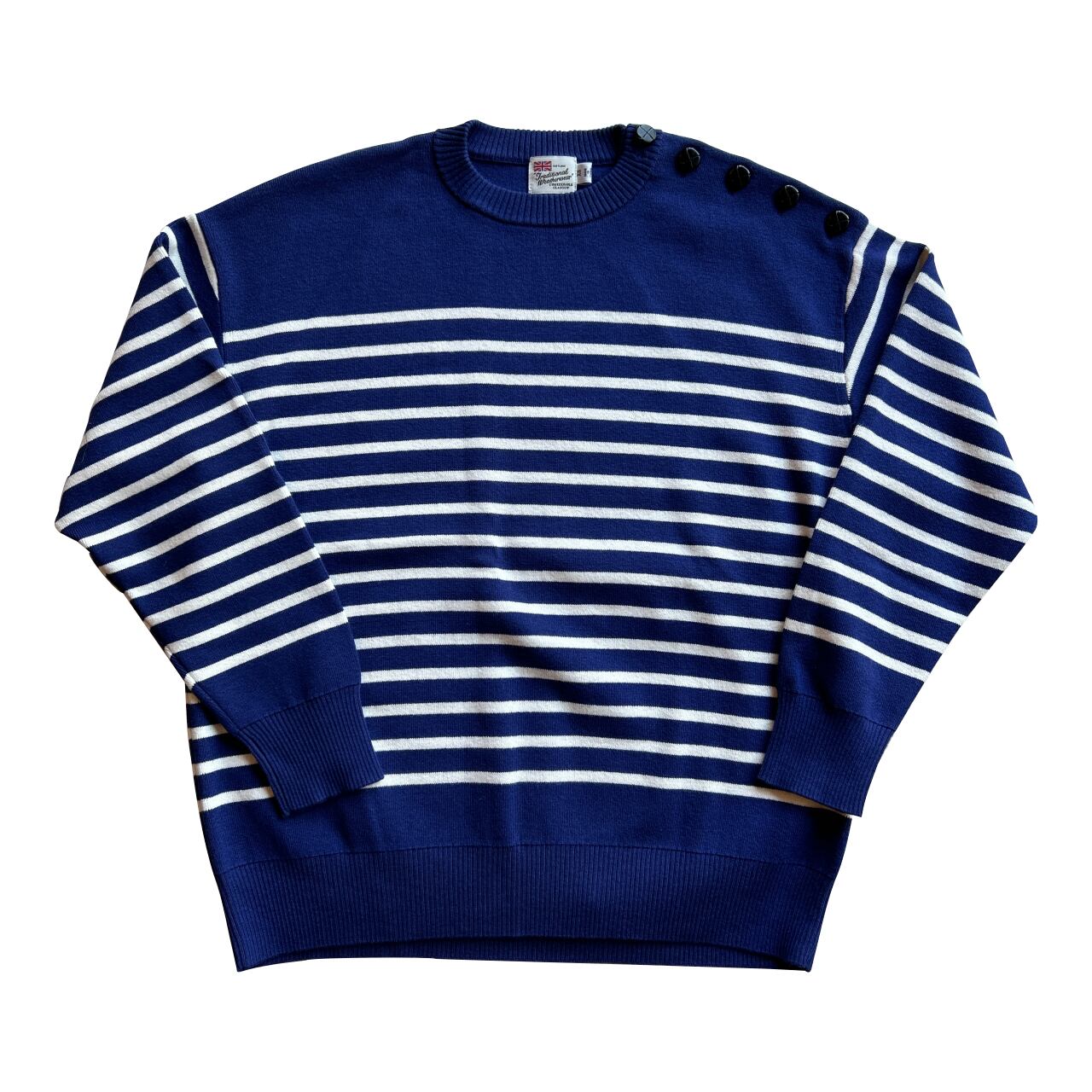 ❝UNISEX❞Cruneck Pull Over W-Button-Blue×White〖Traditionalweatherwear〗ユニセックス クリューネックプルオーバーW-ボタン トラディショナルウェザーウエア