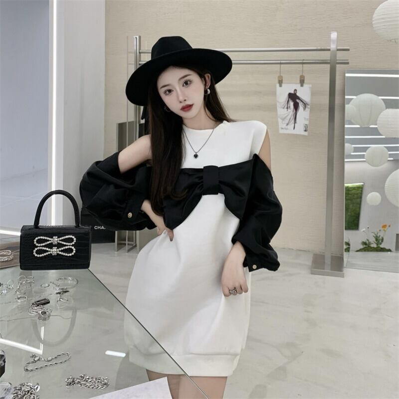 ドレス ストラップレスセーター ルーズスカート オータム ロング リボン 秋物 ブラックストロベリース7368723924