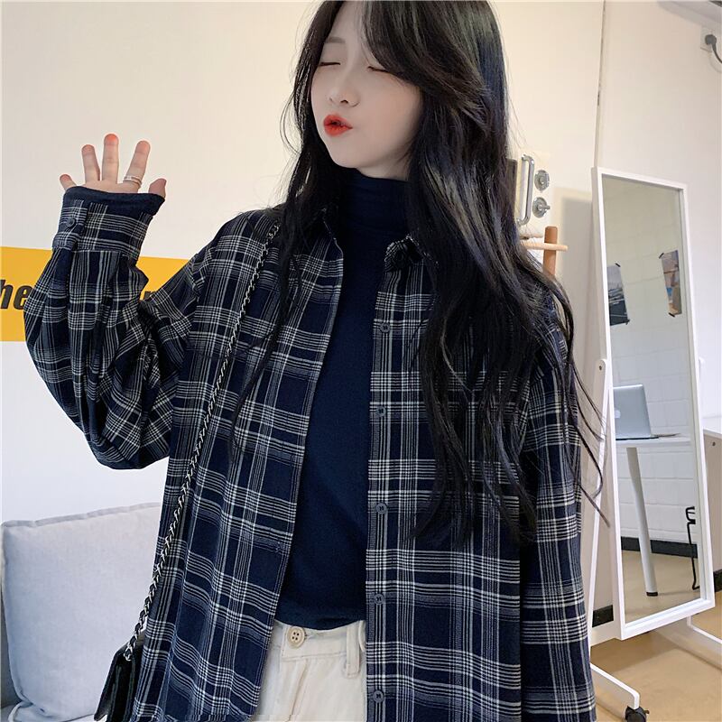 スタンダードルーズ格子柄 チェックシャツ レディースソリッド カラー