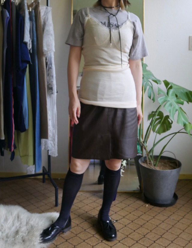 80s-90s Real Leather Tight Skirt / Dark Brown