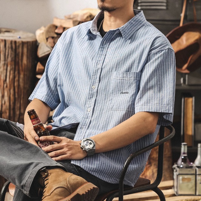 ストライプ柄 ショートスリーブ ボタンダウンシャツ 00532