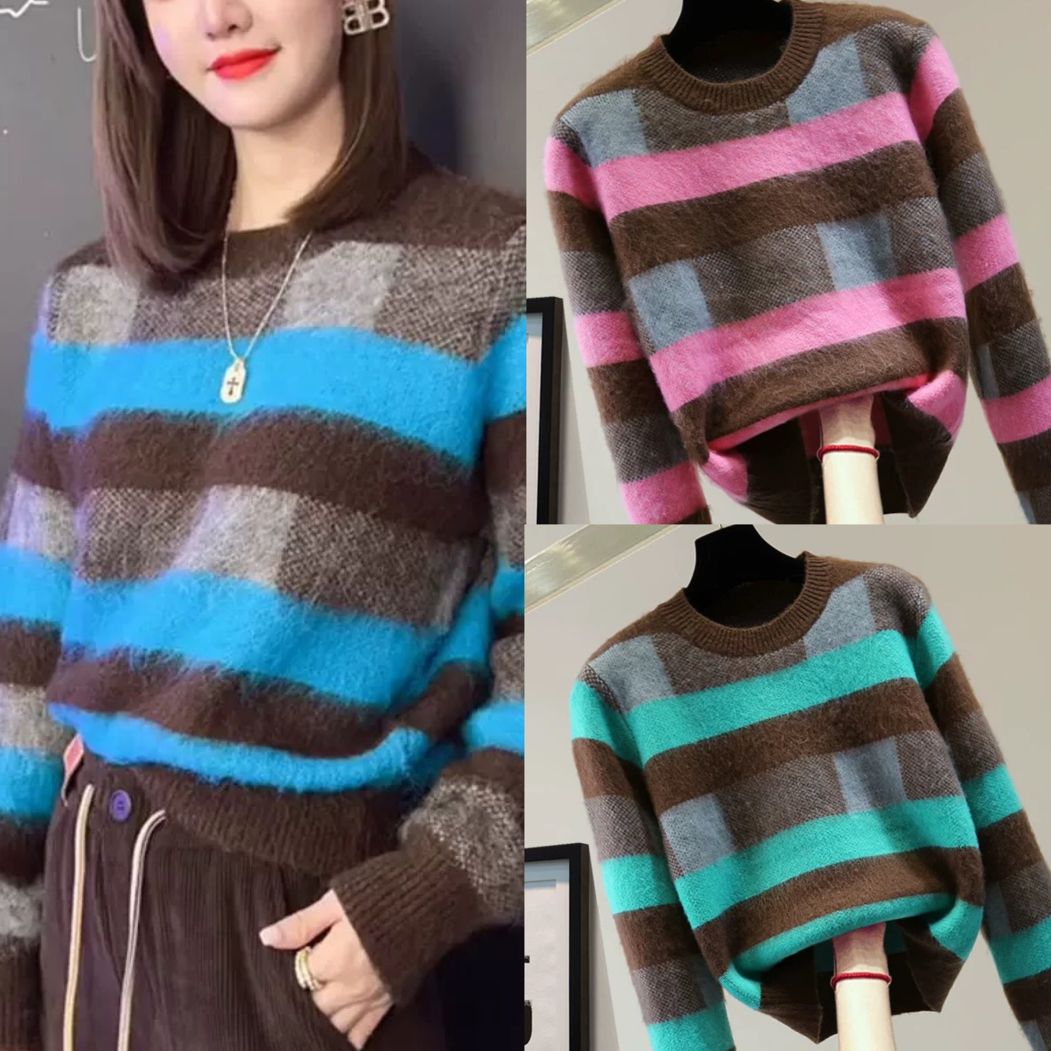 トップス グラデーション ピンク 緑 水色 ボーダー ニット モヘア