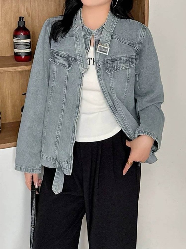 こなれモードにきまる ベルトデザインデニムジャケット おしゃれ こなれ クール デニム カジュアル ベルト 洗練 モード 体型カバー 大きいサイズ 韓国 CH11605