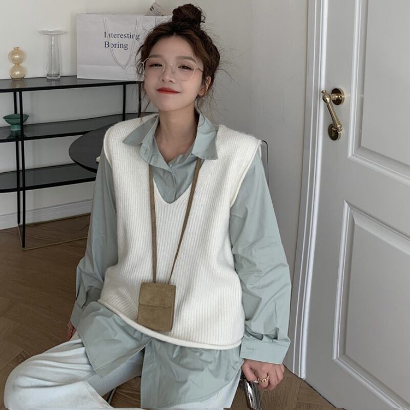 スタイルレディーススタンダードスプリングVネックニットシャツ トップス ロング レトロ 春物 1号婦人95947924365