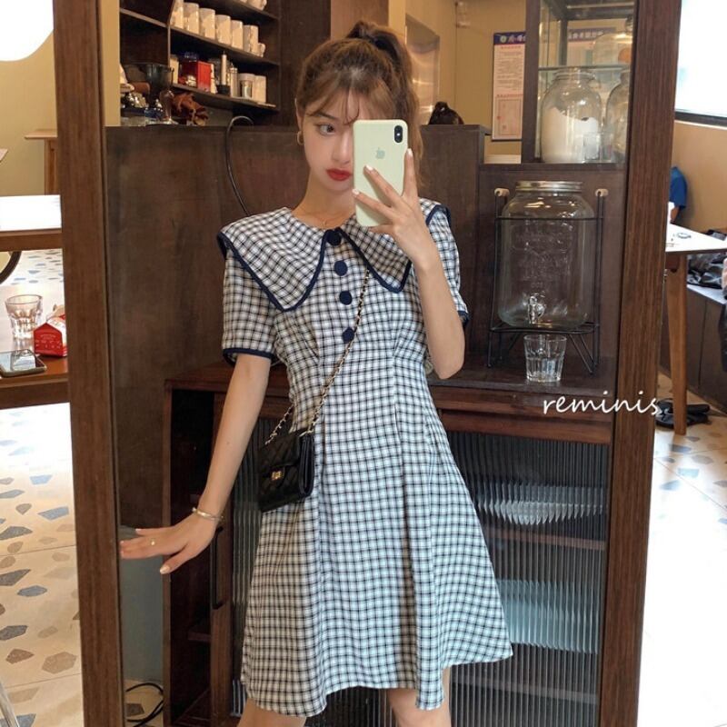 ドレス サマー格子柄カラーウェスト薄手スリーブショートスカート 夏物 1号婦人85656415014
