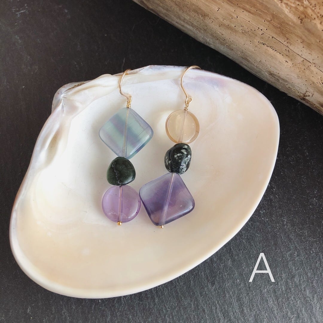 【再入荷】アメトリン×セラフィナイト×フローライトのアシンメトリーピアス