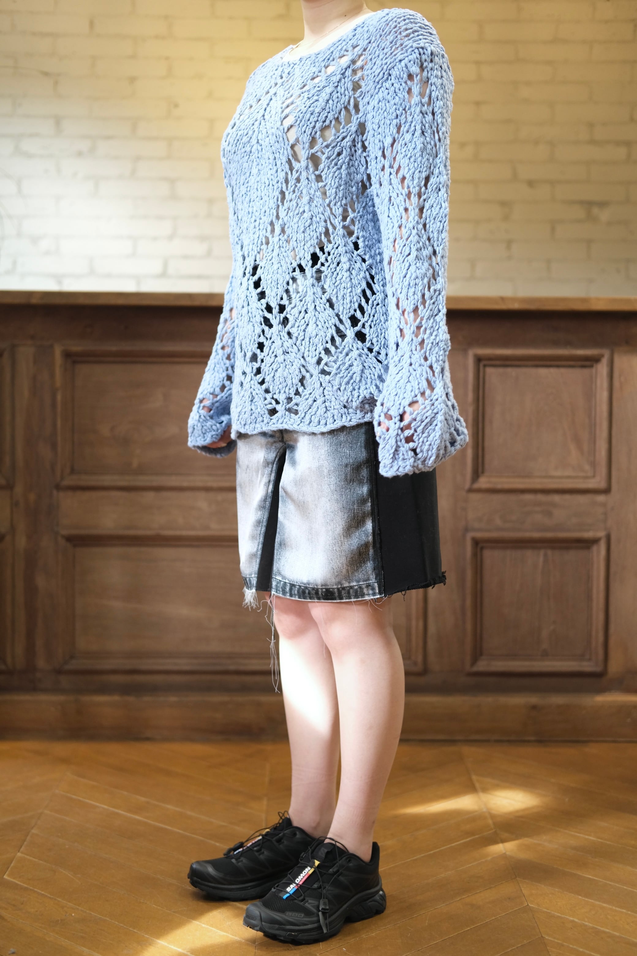 OPEN YY】COTTON ARGYLE POINTELLE PULLOVER - blue - | loop