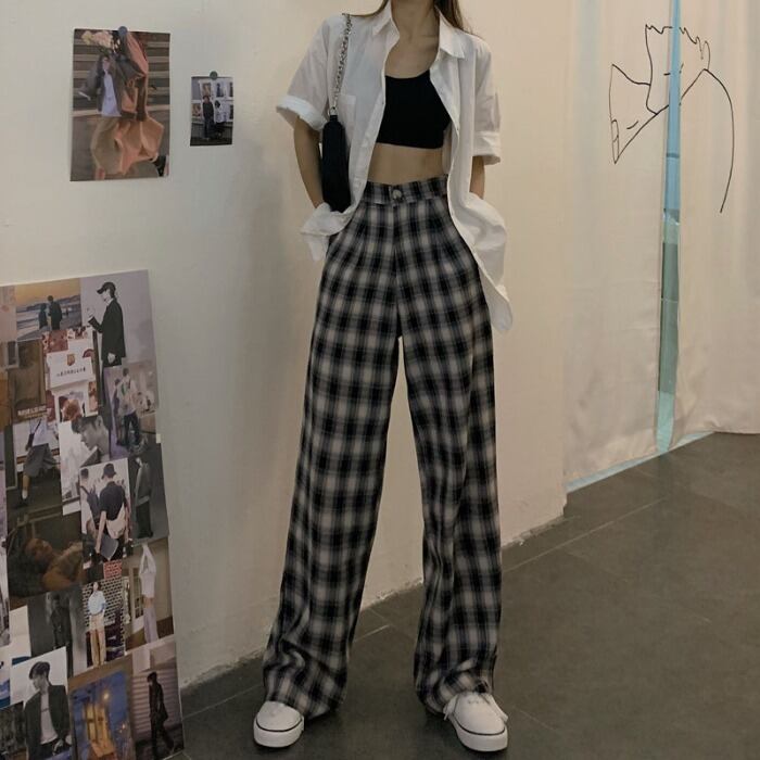 格子柄ワイドレッグパンツ レディースハイウェストウェストルーズサマーカジュアル 夏物 ワイドパンツ モンロー38981799565