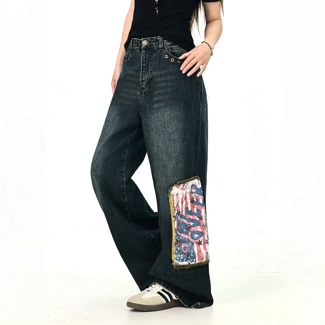 グランジペイントパネルデニム 2col R01197