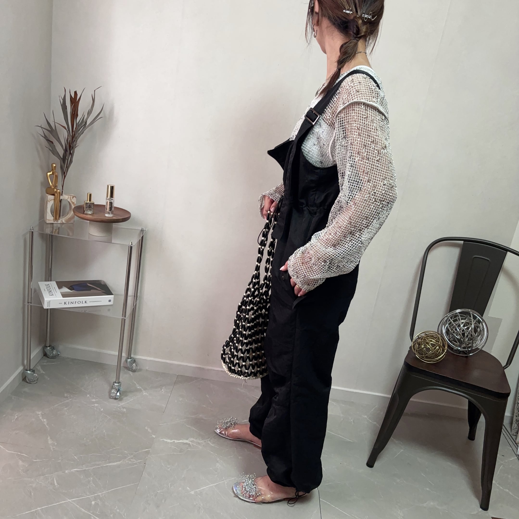 nylon front zip west gathe salopette【black】