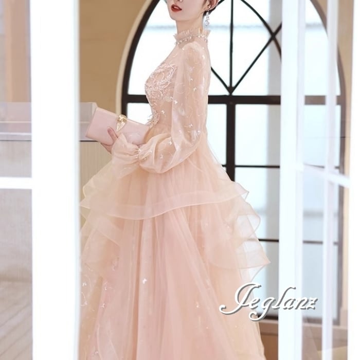 パーティ イブニングドレス 立ち襟 パール 蝶 レイヤード チュール(MB472)ζ☆