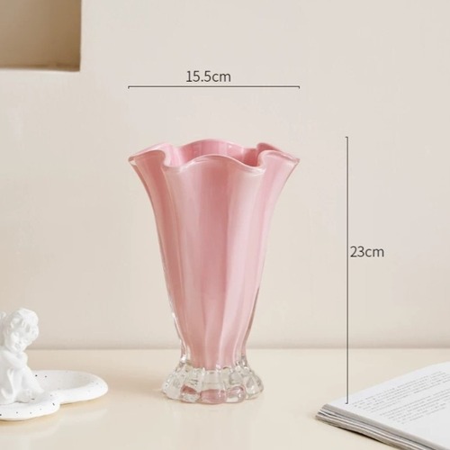 ウェーブガラス花瓶 フラワーベース 波型デザイン カラフル クリスタルガラス インテリア雑貨 フラワーアレンジメント 光沢仕上げ モダン おしゃれ ヴィンテージ風 カットガラス